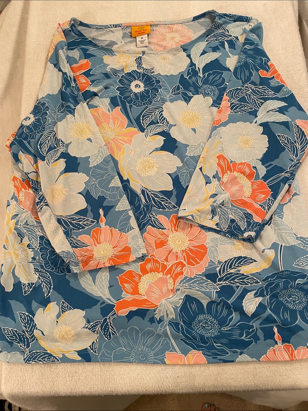 Ruby Rd. Floral Scoop-Neck Long Sleeve Top in Teal, Coral & Cream